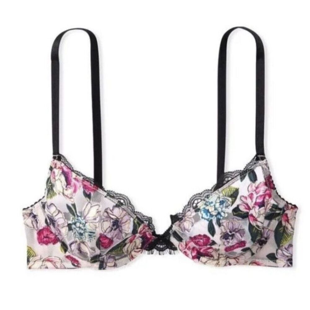 Victoria's Secret Very Sexy 34DD Embroidered Unlined‎ Low Cut Demi Bra Floral